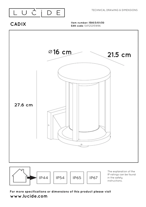 Lucide CADIX - Applique murale Intérieur/Extérieur - 1xE27 - IP65 - Noir - technique